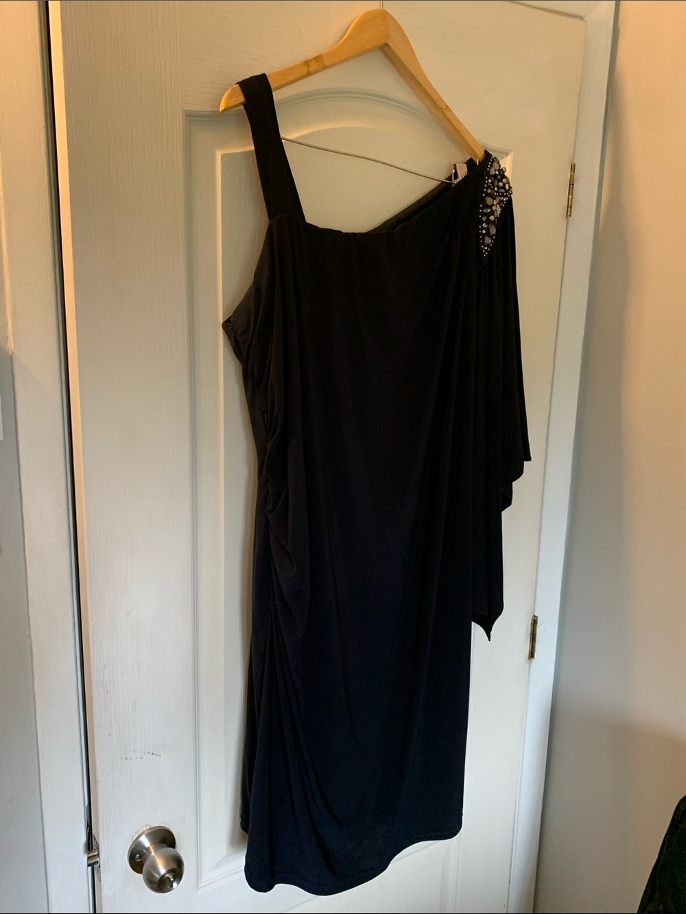 Dark Navy Blue 💙 One-Shoulder Elegant Dress with Beaded Accent 22W